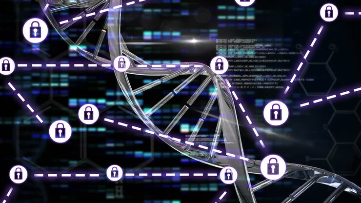 Animation of network of connections with padlock security icons over medical processing