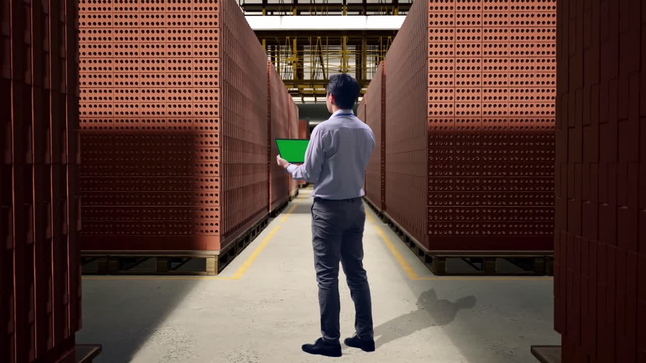 Businessman inspecting brick inventory in a warehouse