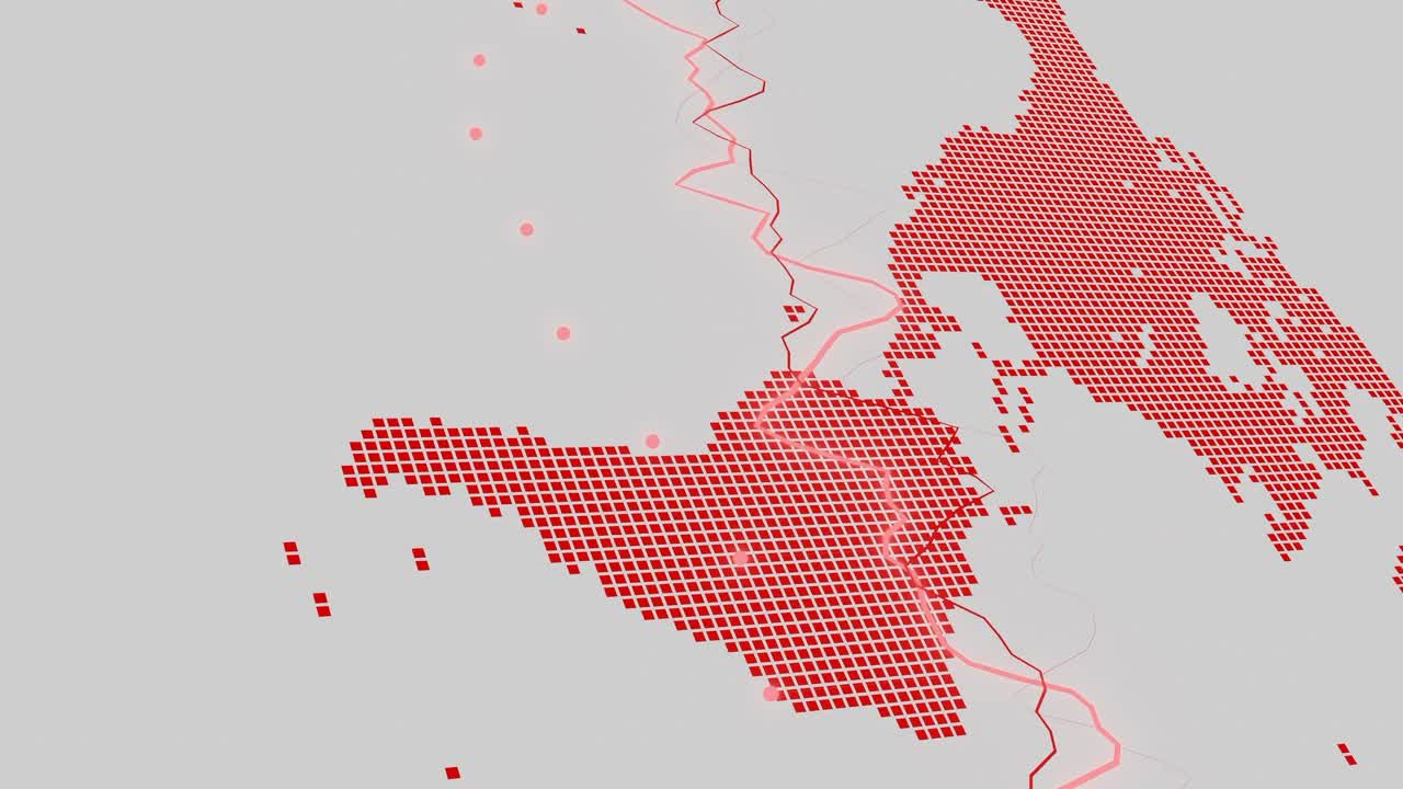 mapa del mundo abstracto américa del sur brasil, argentina, colombia, américa del norte, con regiones punteadas en rojo y gráficos de líneas en un fondo blanco claro visualización de datos y análisis global vertical