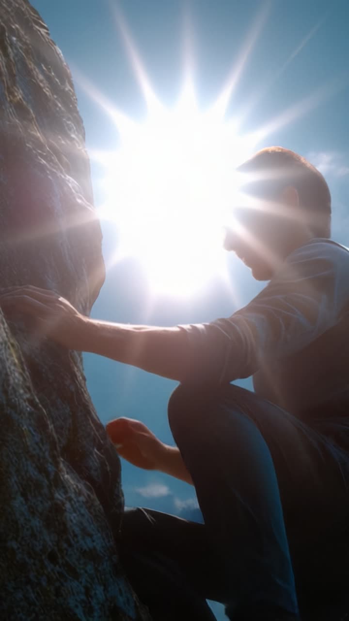 A climber silhouetted against the radiant sun, showcasing determination and perseverance while scaling a rocky cliff face in a serene outdoor environment