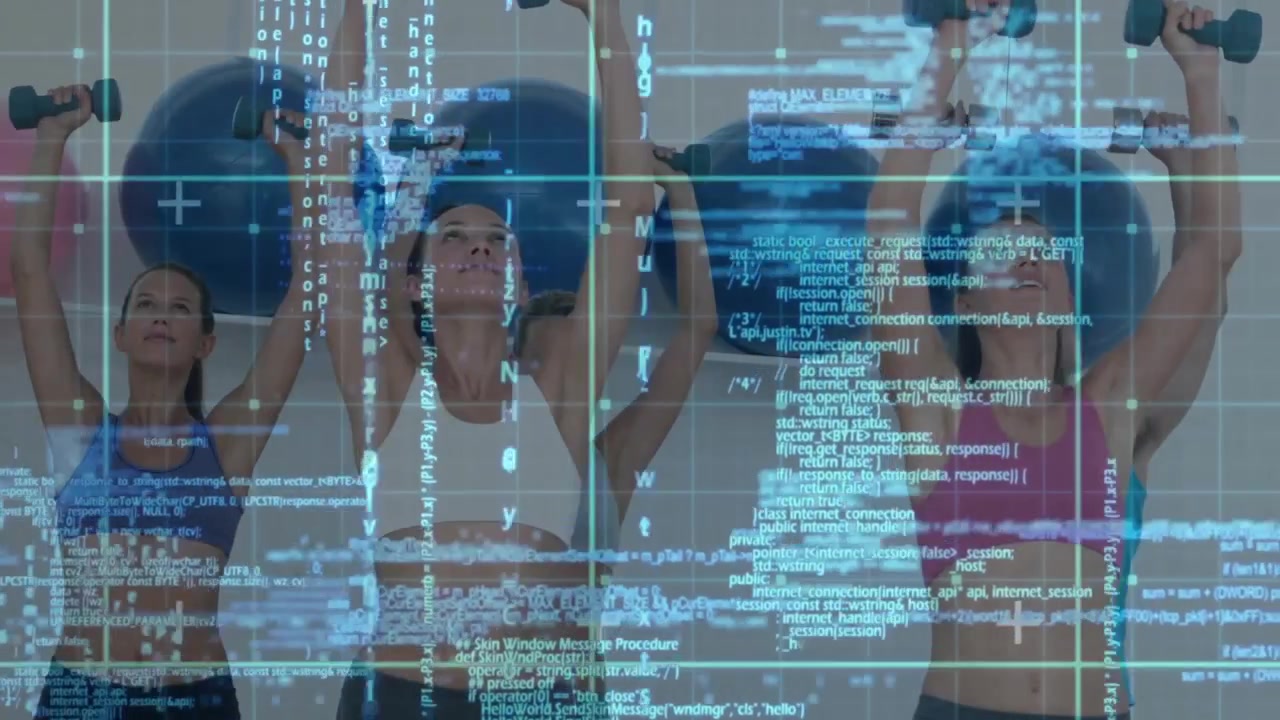 Three women initiating overhead dumbbell presses in gym upon digital code gridlines scrolling