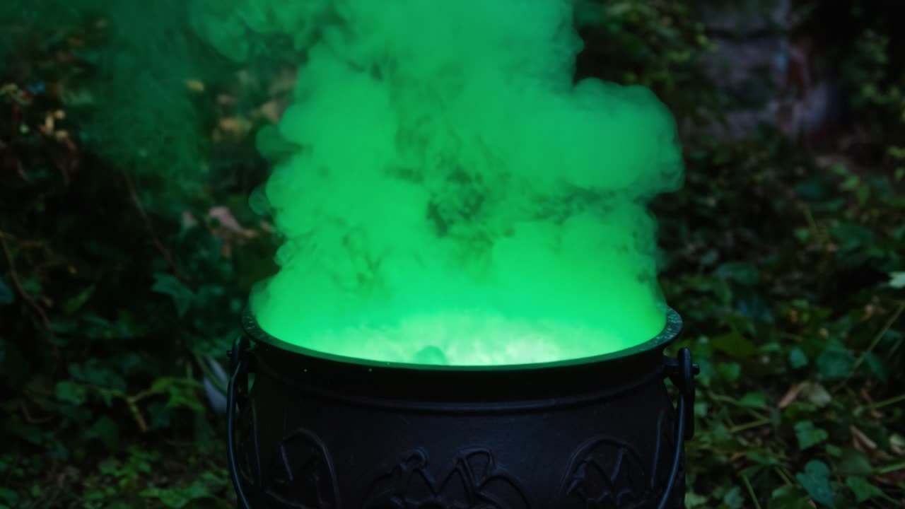 A Mysterious Cauldron Steams with Enigmatic Green Mist, Creating an Atmosphere of Magic and Intrigue in a Lush, Enchanted Environment