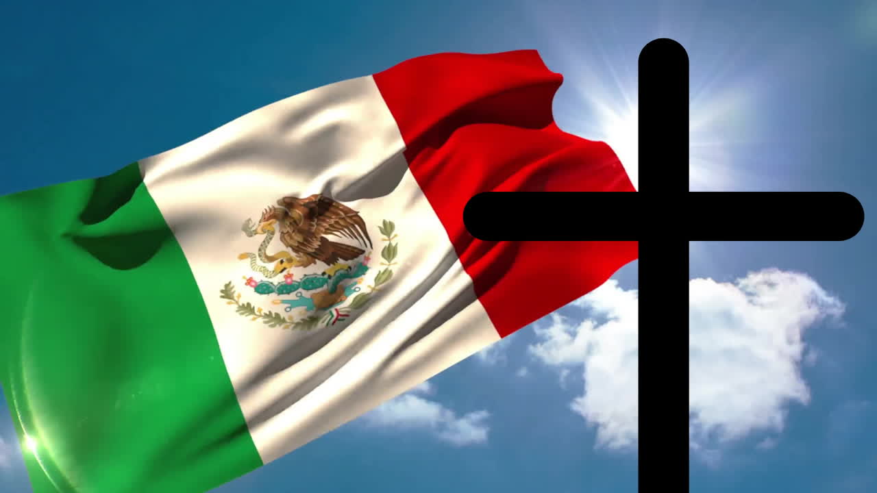 Waving Mexican flag with large black cross silhouette against blue sky
