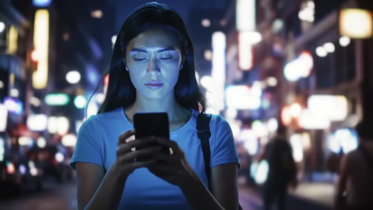 A young woman intently engages with her smartphone in a vibrant city scene, illuminated by colorful lights, capturing the essence of modern connectivity and urban life