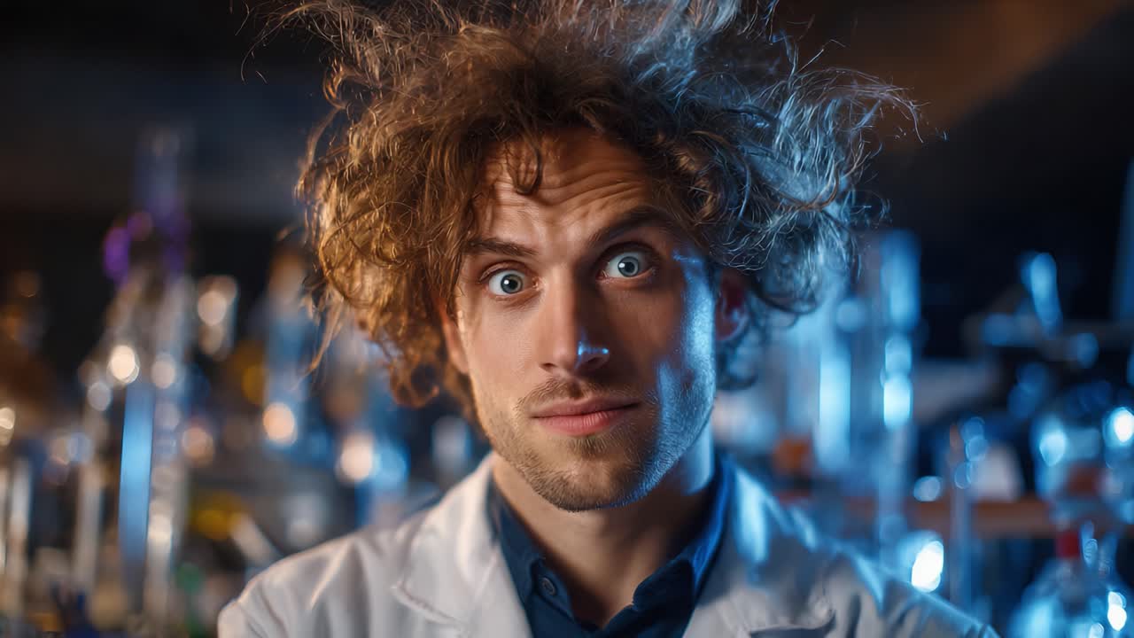 Uno scienziato con i capelli arruffati assume un'espressione comica mentre è circondato da attrezzature di laboratorio, incarnando un approccio giocoso e caotico all'esplorazione scientifica