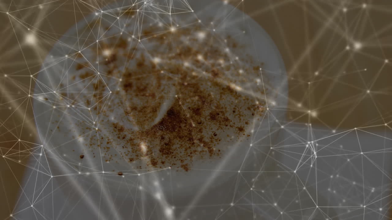 Coffee cup showcasing frothy milk foam and cocoa powder while projecting digital network overlay