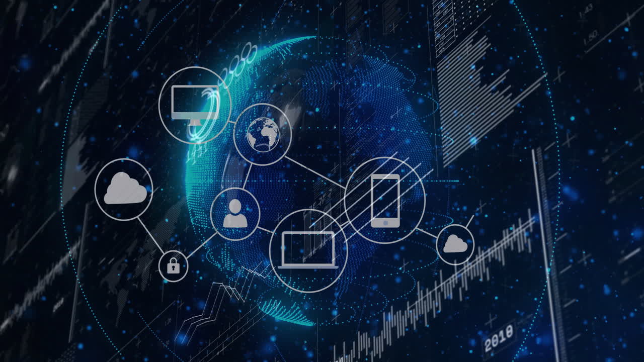 Digital network and data processing animation over globe with technology icons