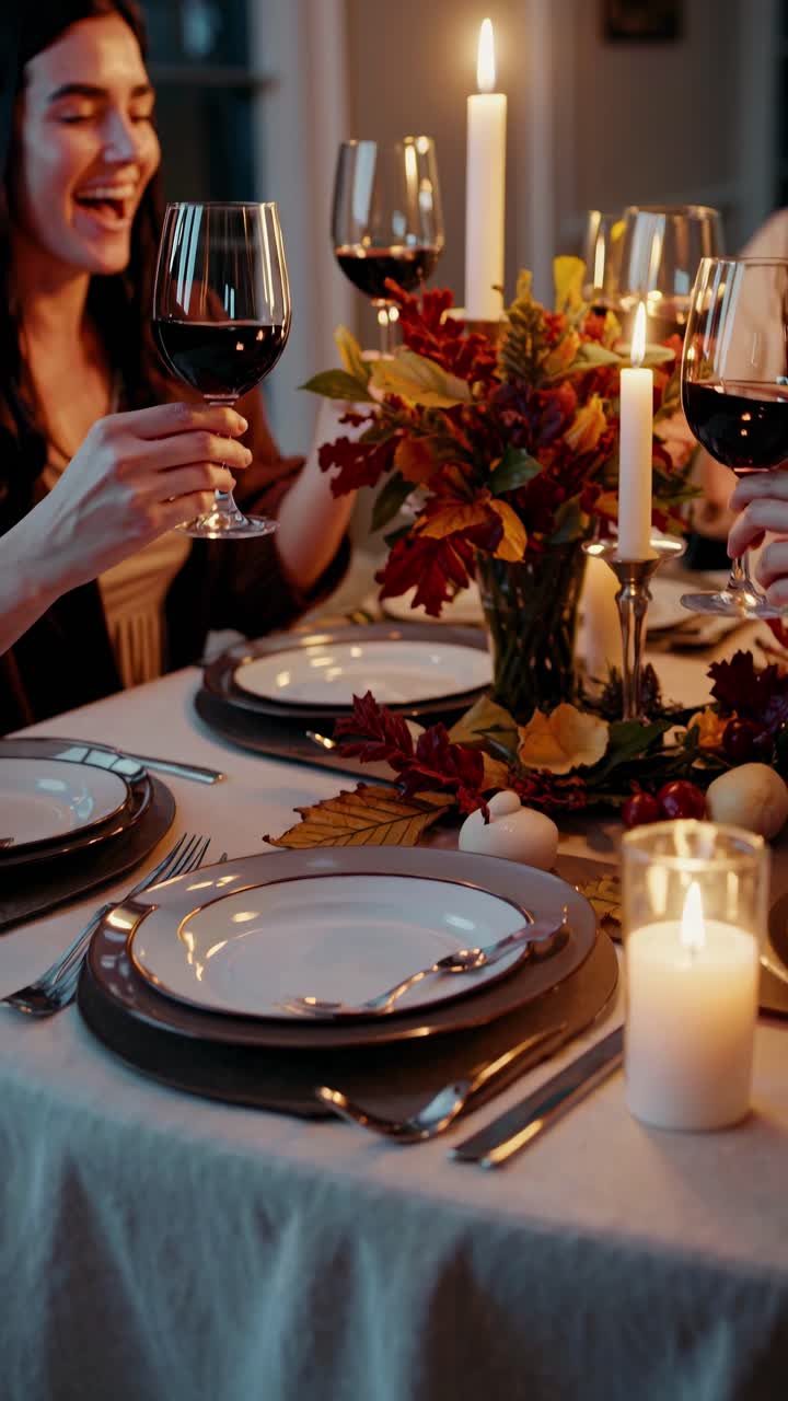 Warm, intimate dinner scene with friends toasting wine. Shot from a side angle