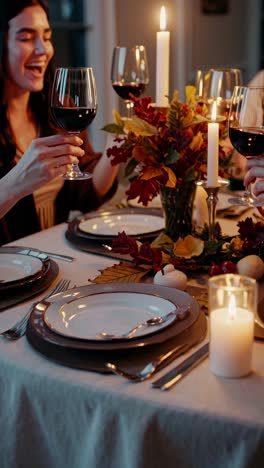 warm, intimate dinner scene with friends toasting wine. shot from a side angle