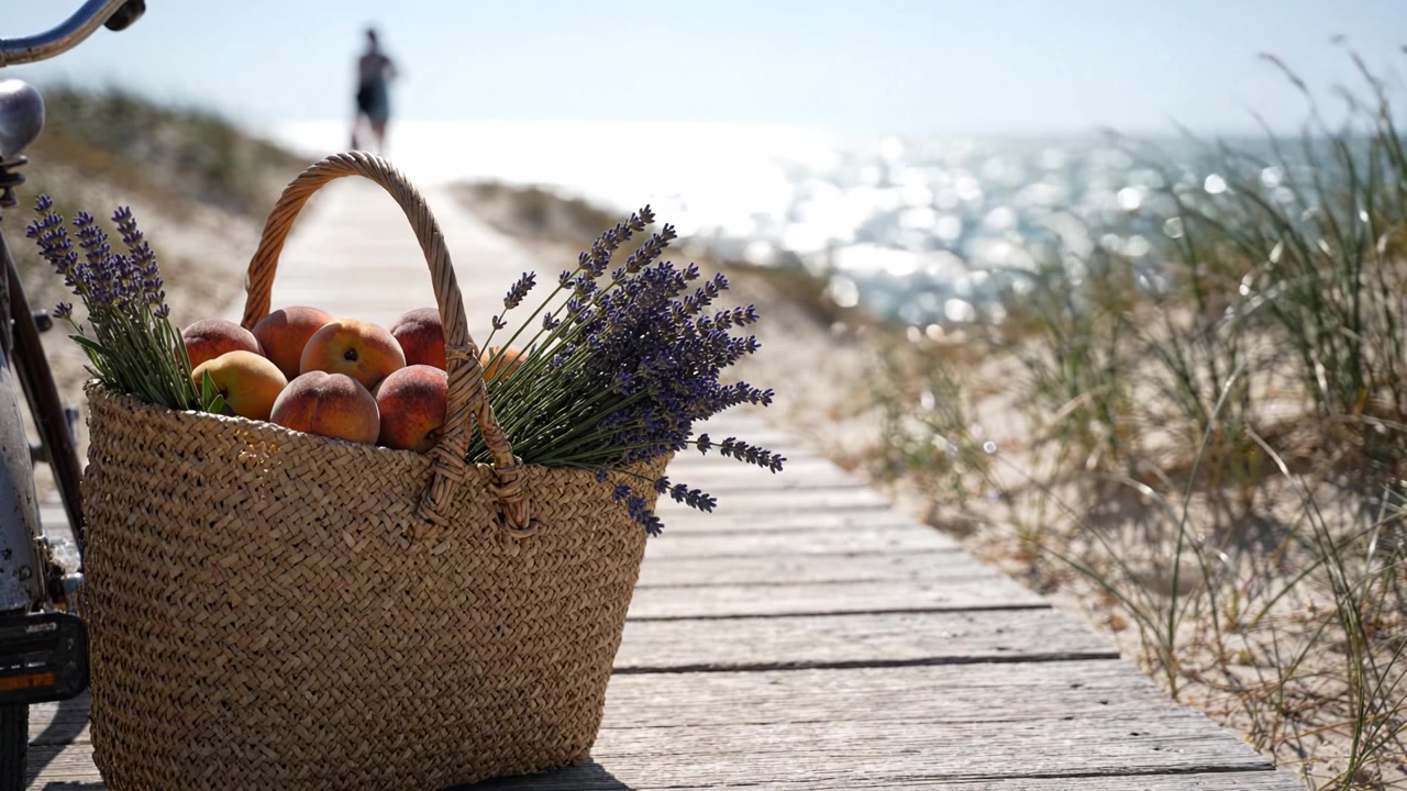 Cesto di vimini con pesche e lavanda su una passerella in spiaggia.