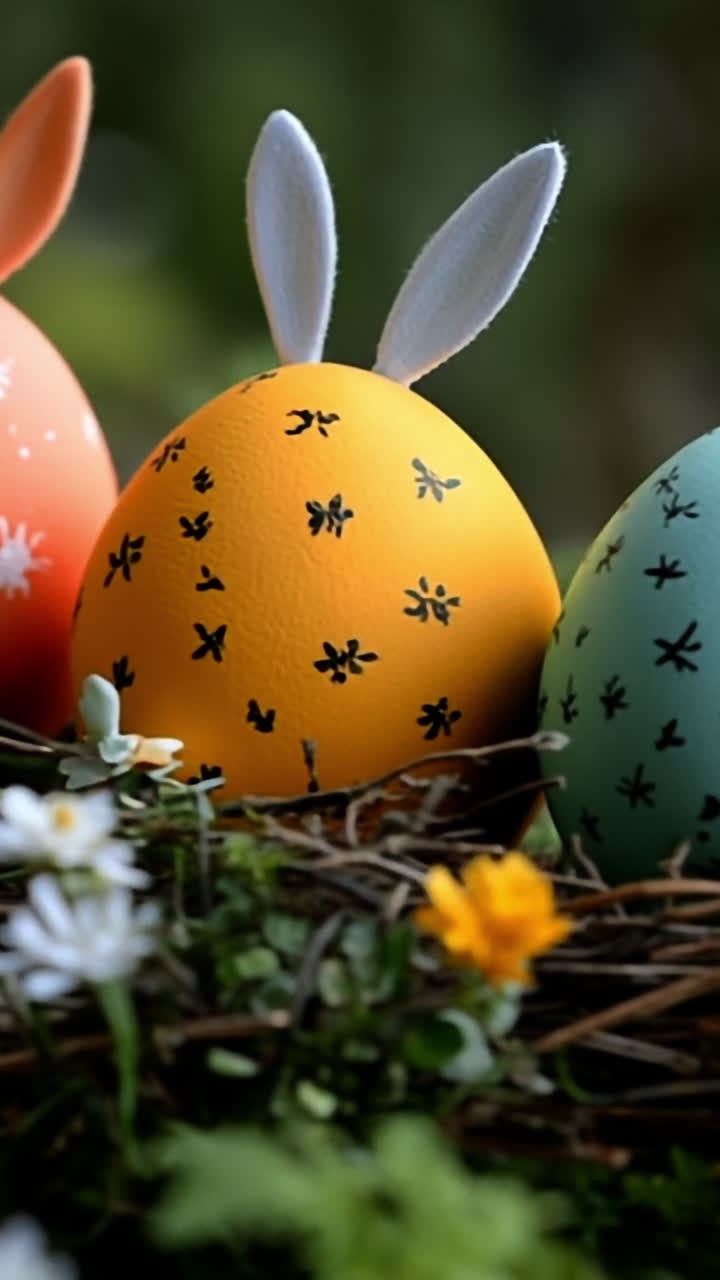 Colorful Easter eggs in a natural nest. Brightly painted Easter eggs sit in a nest surrounded by small flowers and greenery, celebrating springtime joy.