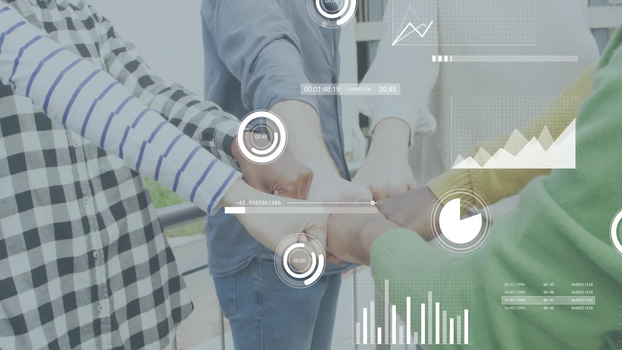 Team aziendale che si china in avanti e alza i pugni mentre grafici di dati animati guidano il movimento, favorendo l'unità.