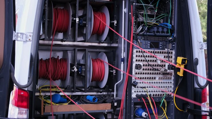 Cables are moving ahead of TV news van live broadcast.