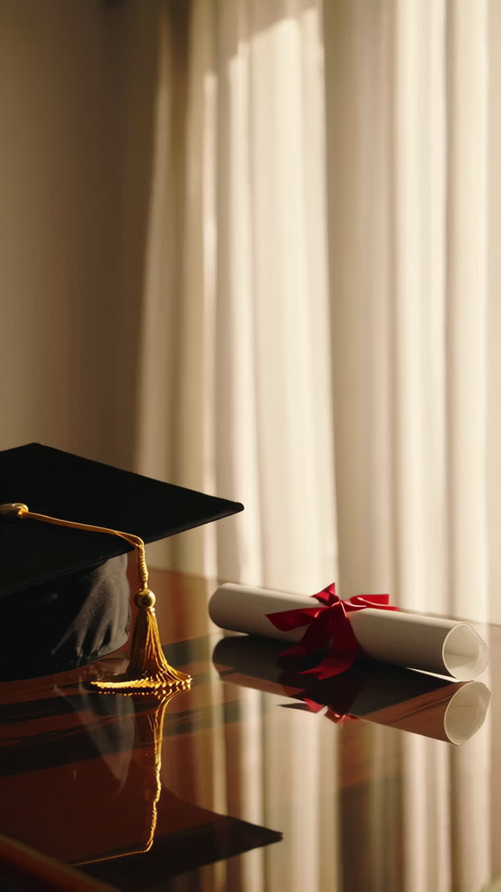 Graduation Cap and Diploma on a Table
