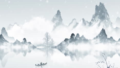 Daytime-ancient-traditional-Chinese-Japanese-landscape-ink-Painting-of-beautiful-calm-trees,-mountains,-flowers,-lake,-water,-birds,-blue-sky,-boat,-cherry-blossoms-season