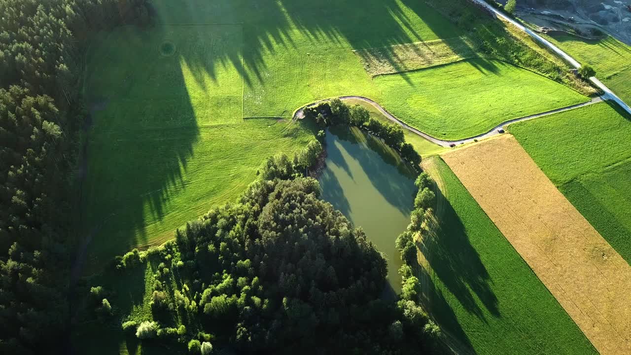 вид с воздуха на скрытый пруд, окруженный деревьями, в горной долине австрии