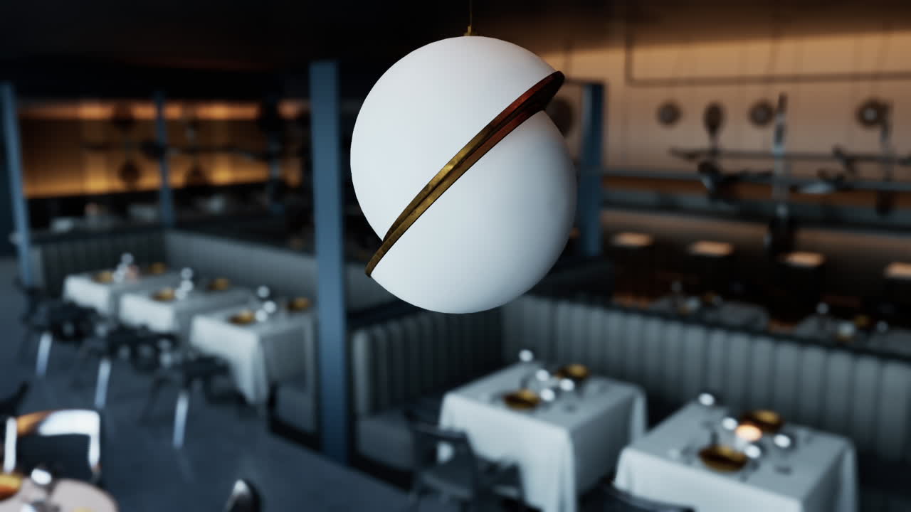 색과 금색의 펜던트 라이트가 있는 현대적인 레스토랑 인테리어