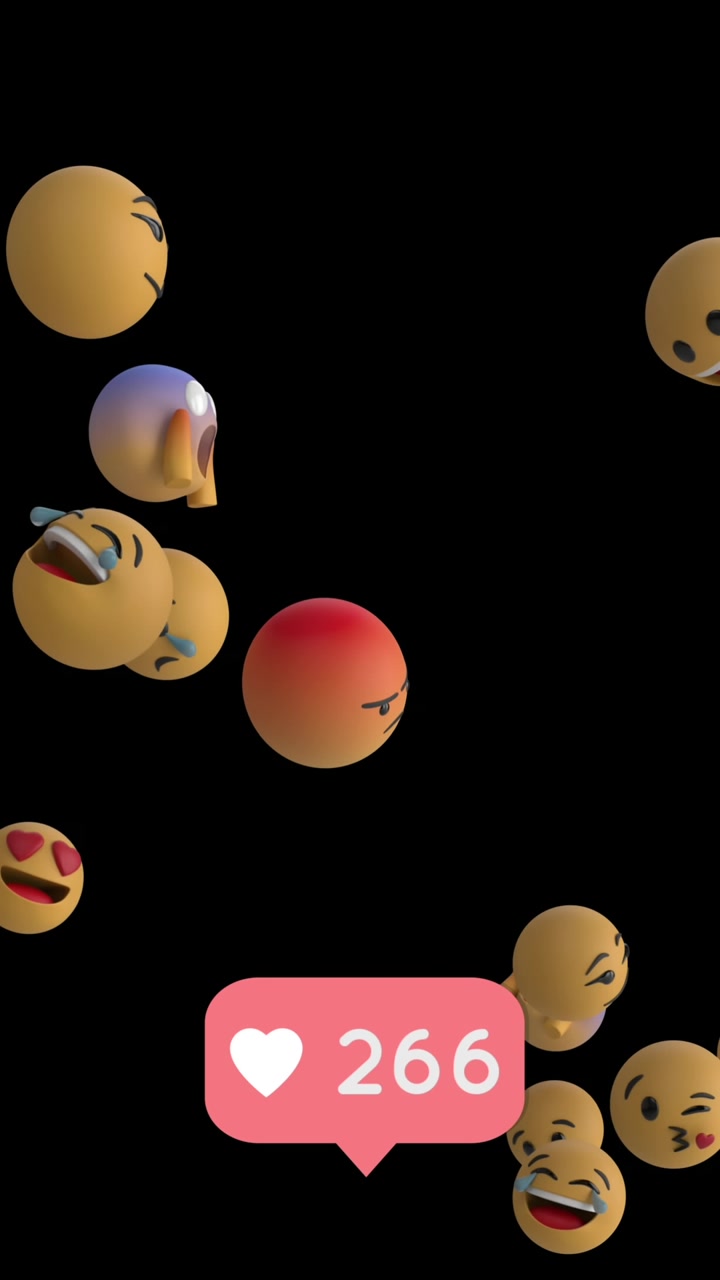 Heart icons with increasing numbers over multiple face emojis floating against black background