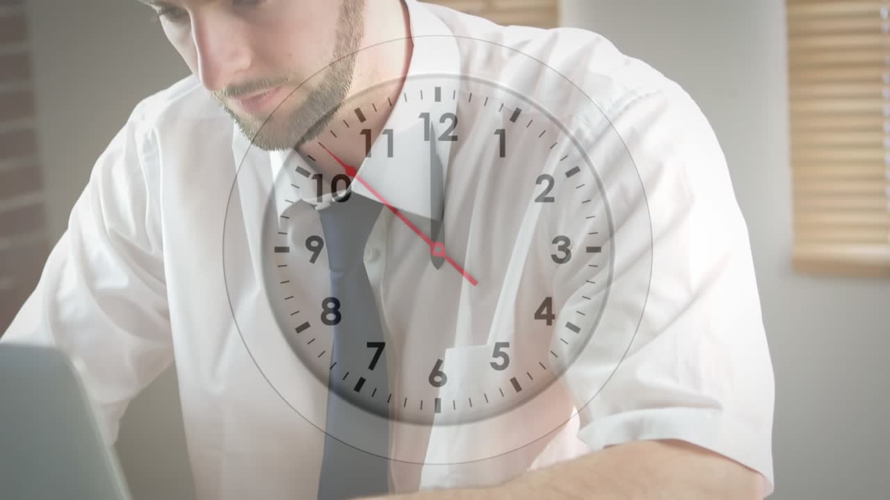 Animation of clock ticking over cacuasian businessman in office