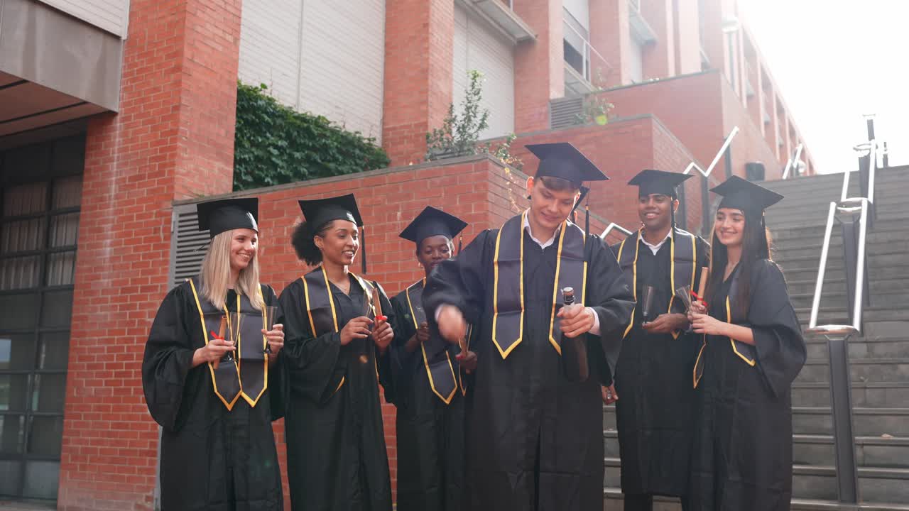 Happy Graduates Celebrating Success by Opening Champagne on Campus