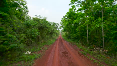 Un-Dron-Viaja-A-Través-De-Una-Exuberante-Selva-Tropical,-Siguiendo-Un-Camino-De-Tierra