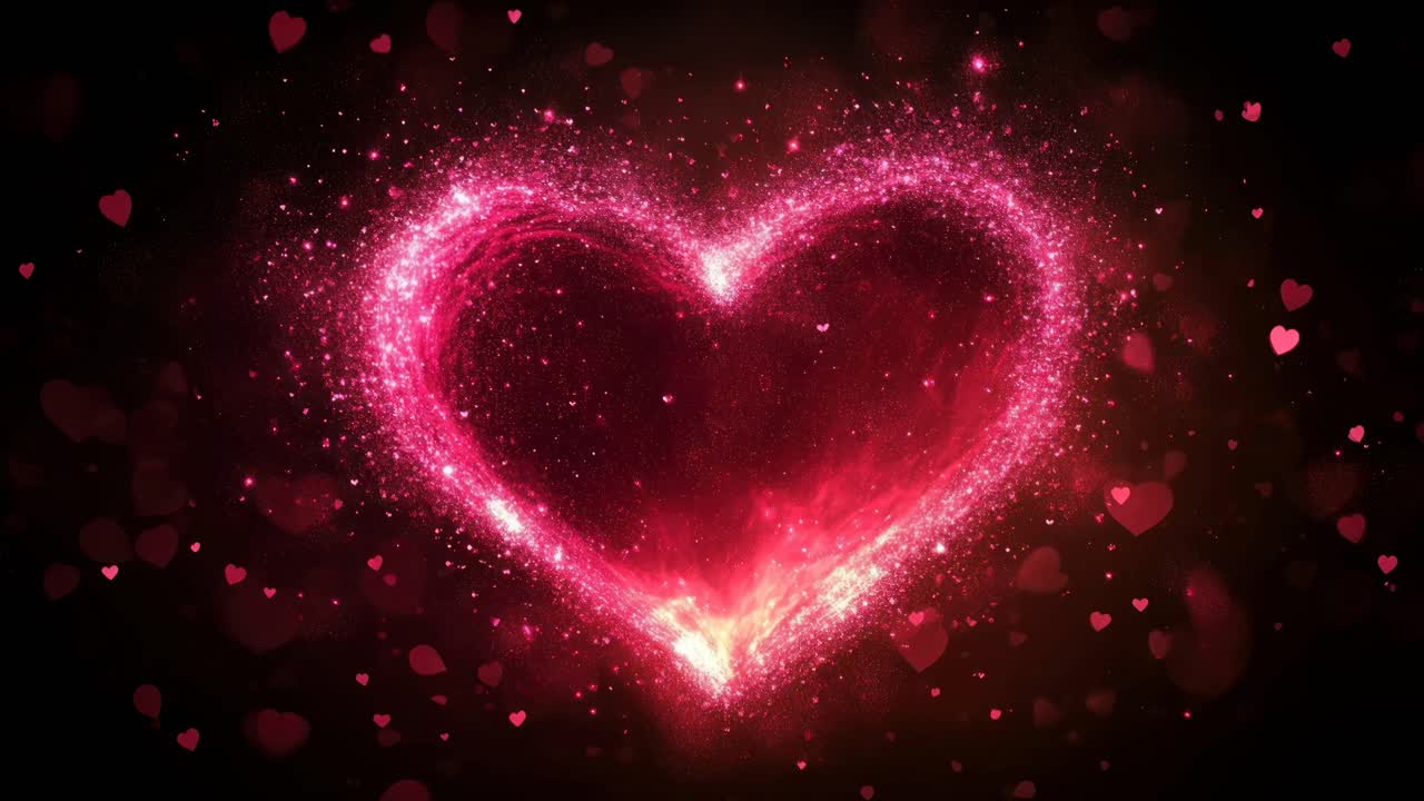 Un cuore rosa brillante circondato da scintille, visto frontalmente, ideale per un video romantico