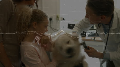 veterinarian examining dog on exam table, with animated otoscope icon and health data overlay