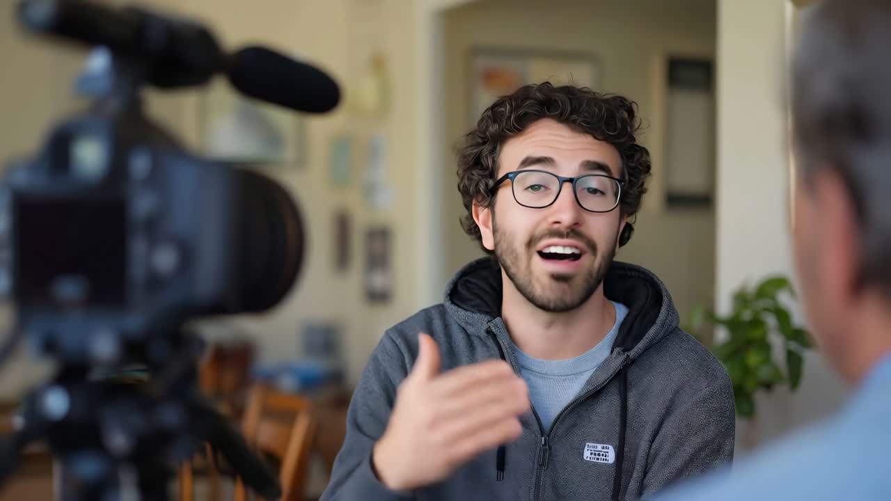 Uomo che parla di fronte a una videocamera