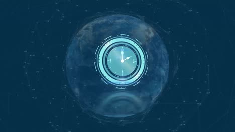 animación del reloj que se mueve sobre las conexiones del globo y los iconos en el fondo naval