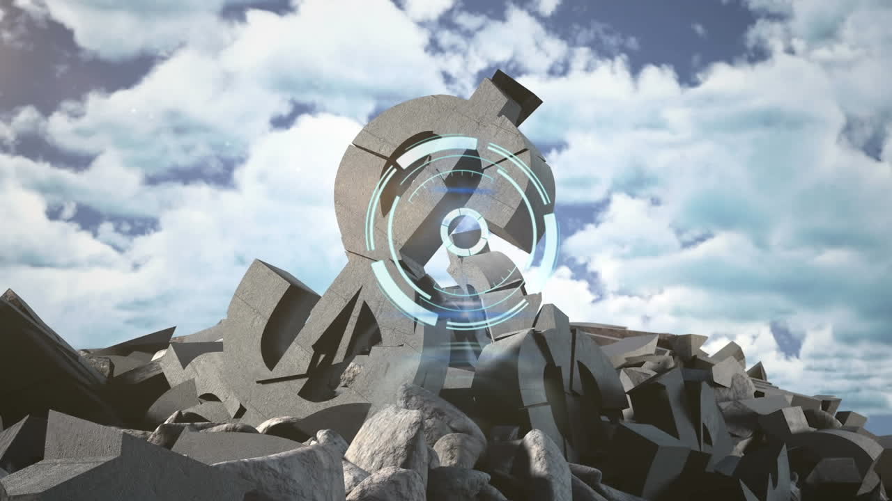 파란 하늘의 구름에 반해 깨진 달러 통화 기호 위에 둥근 스캐너