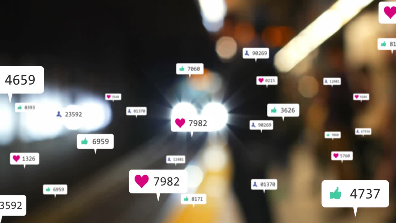 Metro showing commuter receiving floating social notifications with train headlights emerging