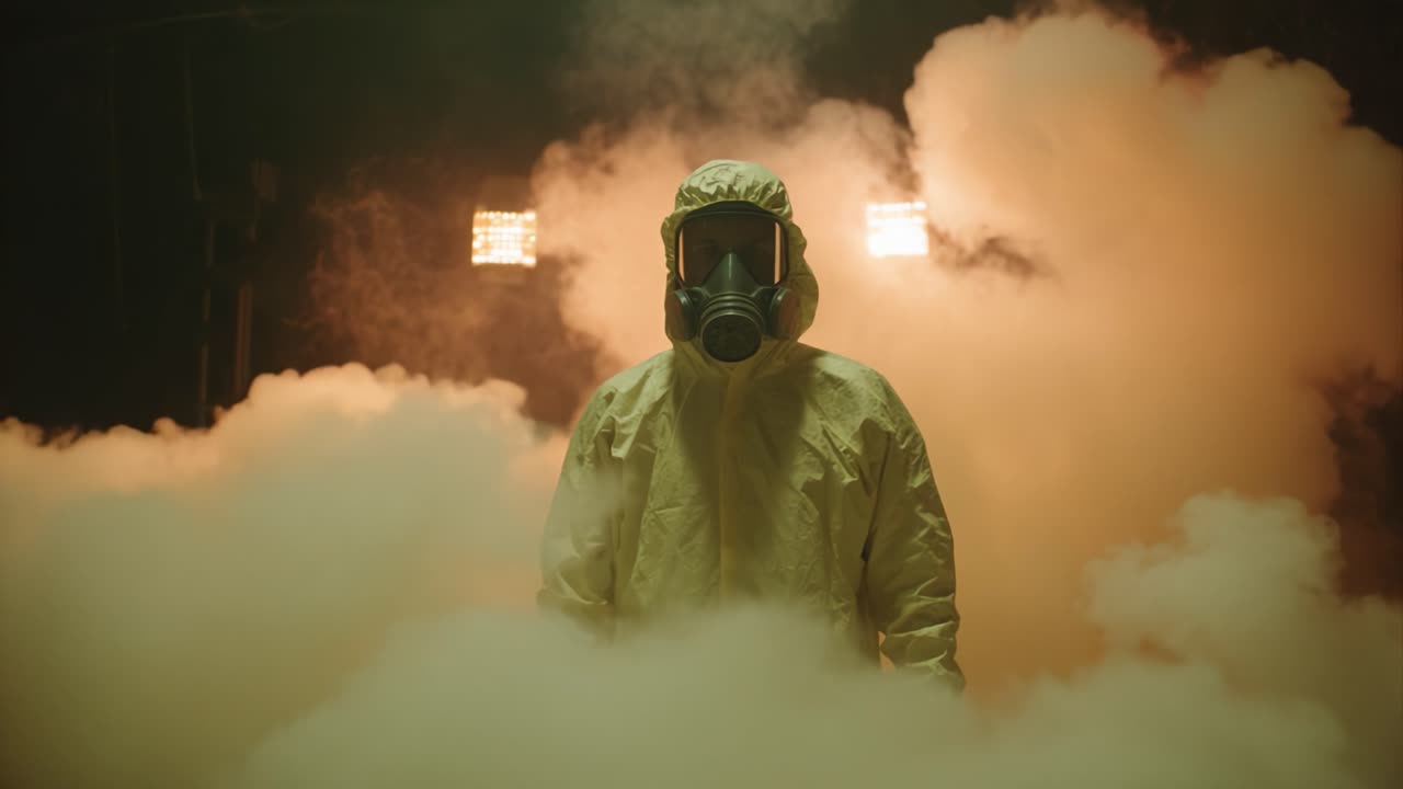 A solitary figure in protective gear and gas mask stands amidst swirling clouds of fog, illuminated by dim lights, evoking a sense of mystery and caution in a confined space