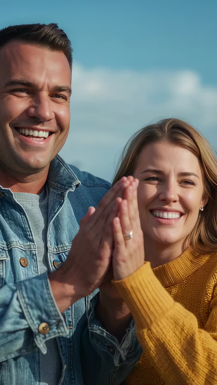 Vertical video: Clapping couple in denim, yellow sweater reacting to offscreen cue on pier, ring