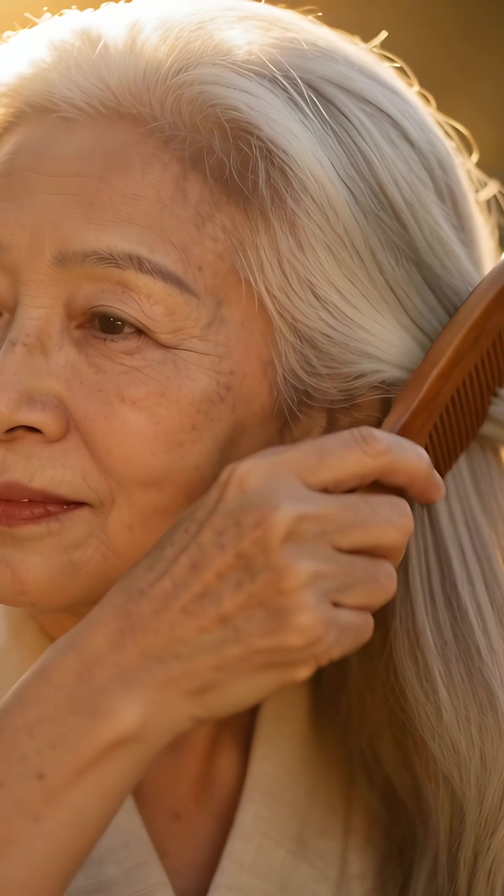 Video vertical: Levantando un peine, mujer desenredando cabello plateado a contraluz cálido, vistiendo camisa beige
