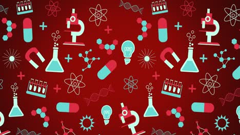 Multiple-science-concept-icons-moving-against-red-background