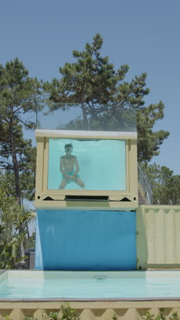 man swimming in a glass-enclosed pool container