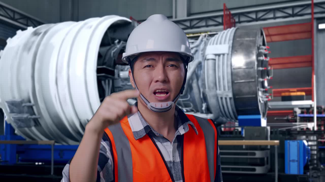 Close Up Of Angry Asian Male Engineer With Safety Helmet Shouting At Someone While Standing With Airplane Engine Maintenance Conducted, Analytics Checking the Turbine