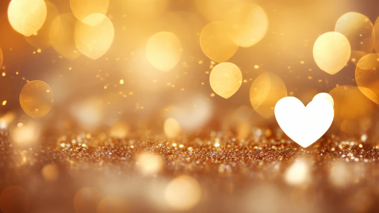 A dreamy, bokeh-style video background with a close-up angle, featuring golden lights and heart