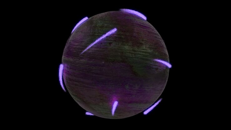 Futuristic ball with alpha channel. Neon particles moving around the sphere. Seamless pattern.
