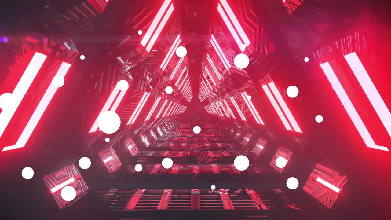 Animation of geometrical red shapes over geometrical glowing red lights