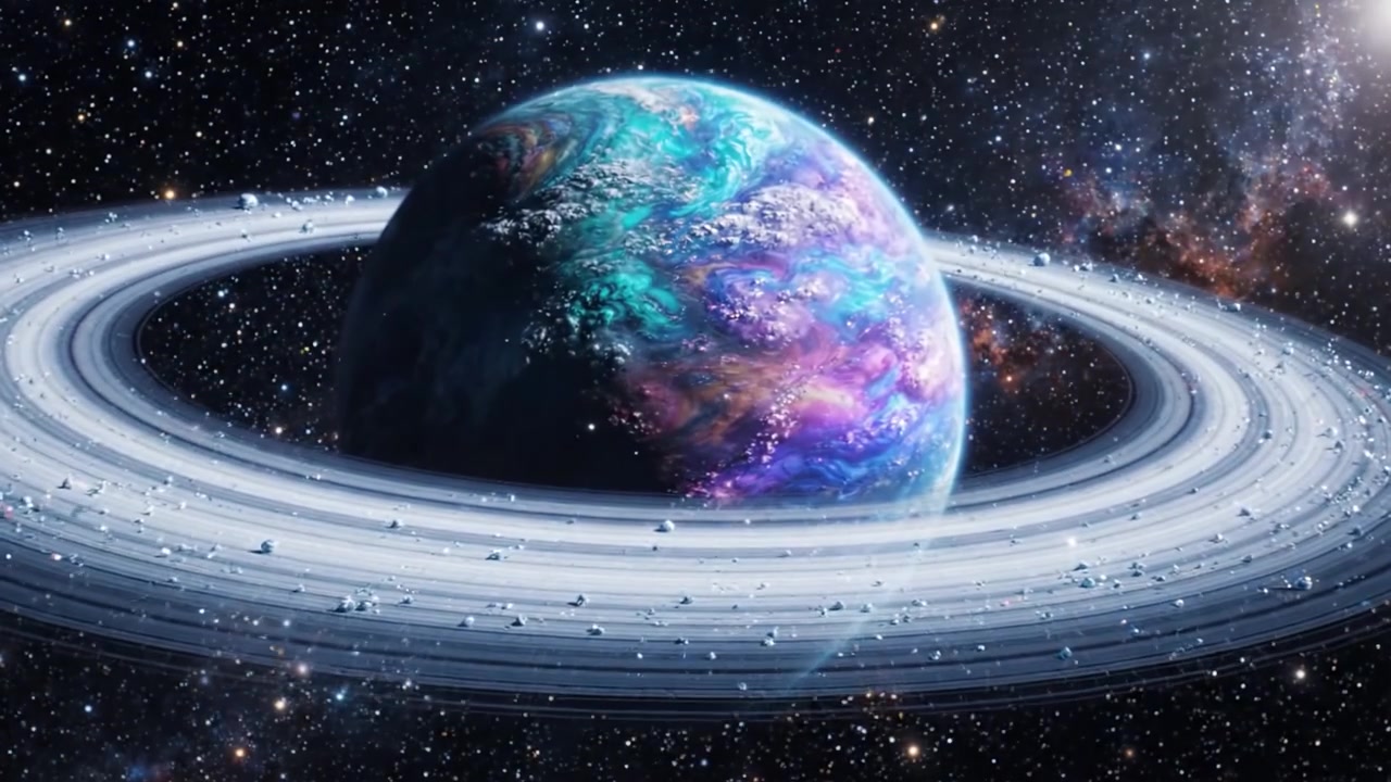Una scena cosmica affascinante: un pianeta distante circondato da anelli maestosi e bellezza celeste in un universo pieno di stelle ed elementi galattici