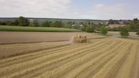 Harvester filmed from the side during crop. In the background a tractor is moving by with two trailers full of harvested grain.