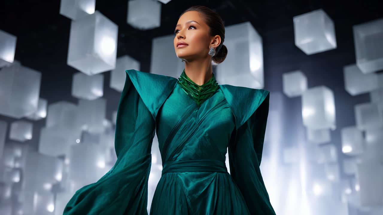Un'elegante modella vestita con uno straordinario abito verde smeraldo con maniche scenografiche posa con sicurezza su uno sfondo accattivante di cubi di luce fluttuanti, trasudando fascino e raffinatezza