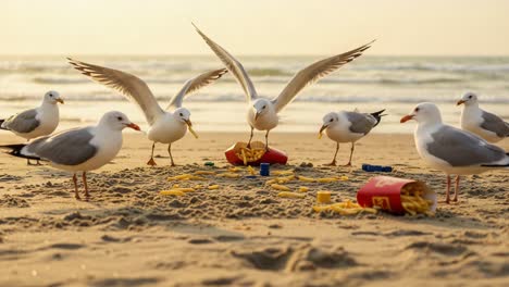 seagulls gather on the beach: a thriving scene of birds enjoying leftover snacks amidst the serene waves of the ocean