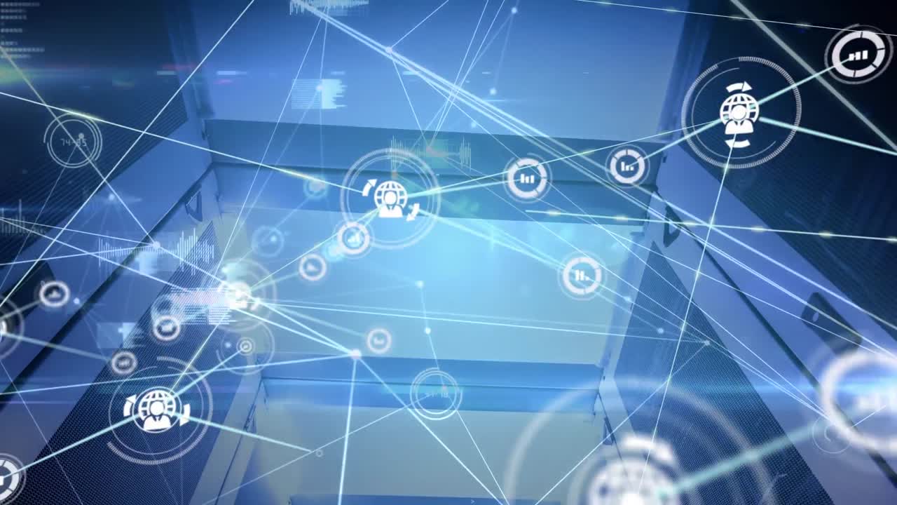 아이콘과 데이터 처리를 통해 컴퓨터 서버를 통해 연결 네트워크의 애니메이션