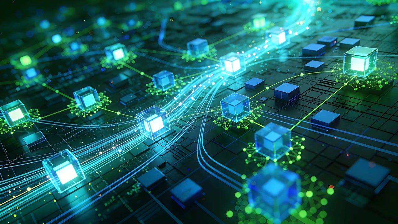Streaming cubes routing data on circuit board, ribbons lighting and nodes activating, raising flow