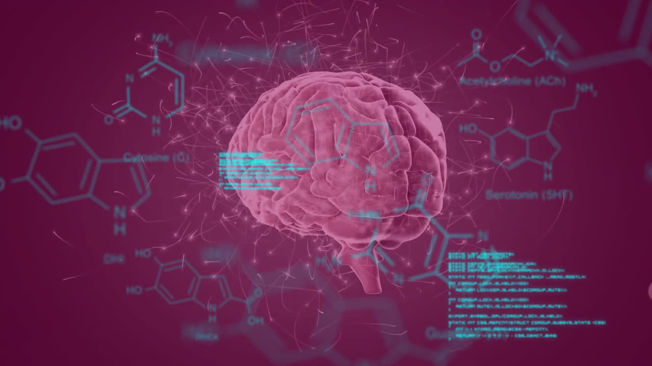 animación de procesamiento de datos con fórmula química sobre cerebro digital en fondo negro