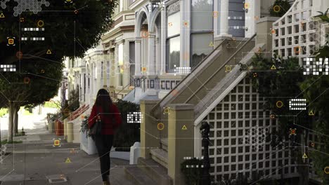 Digital-interface-with-data-processing-against-read-view-of-a-woman-walking-on-the-street