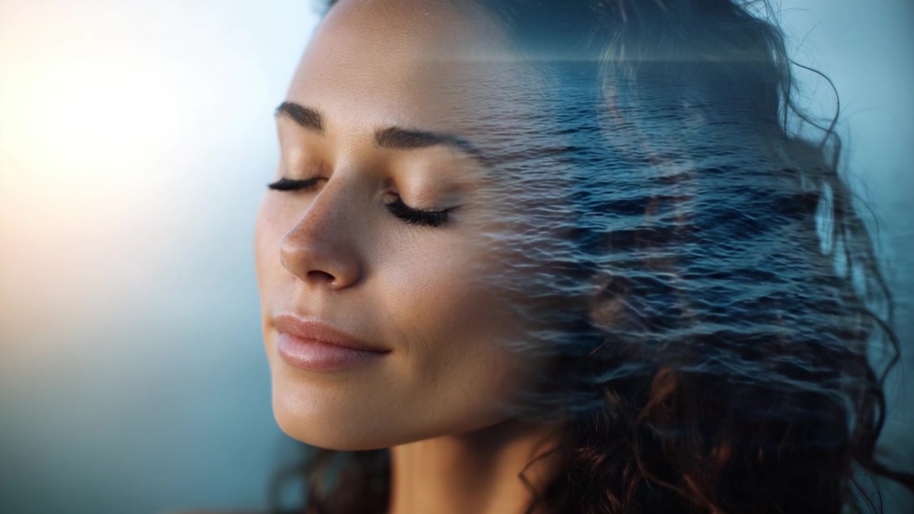 Un ritratto sereno e riflessivo di una donna, catturato con illuminazione soffusa e onde oceaniche fuse nel suo profilo, che evoca pace e calma nella natura.