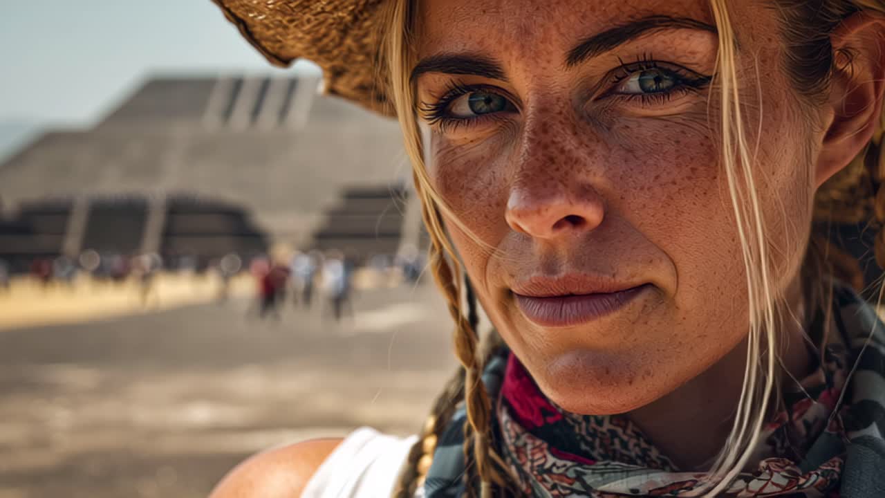 Primer plano de una viajera segura de sí misma con sombrero de paja de pie cerca de antiguas ruinas de pirámides, con turistas caminando al fondo, capturando vibraciones de aventura, exploración y turismo cultural.